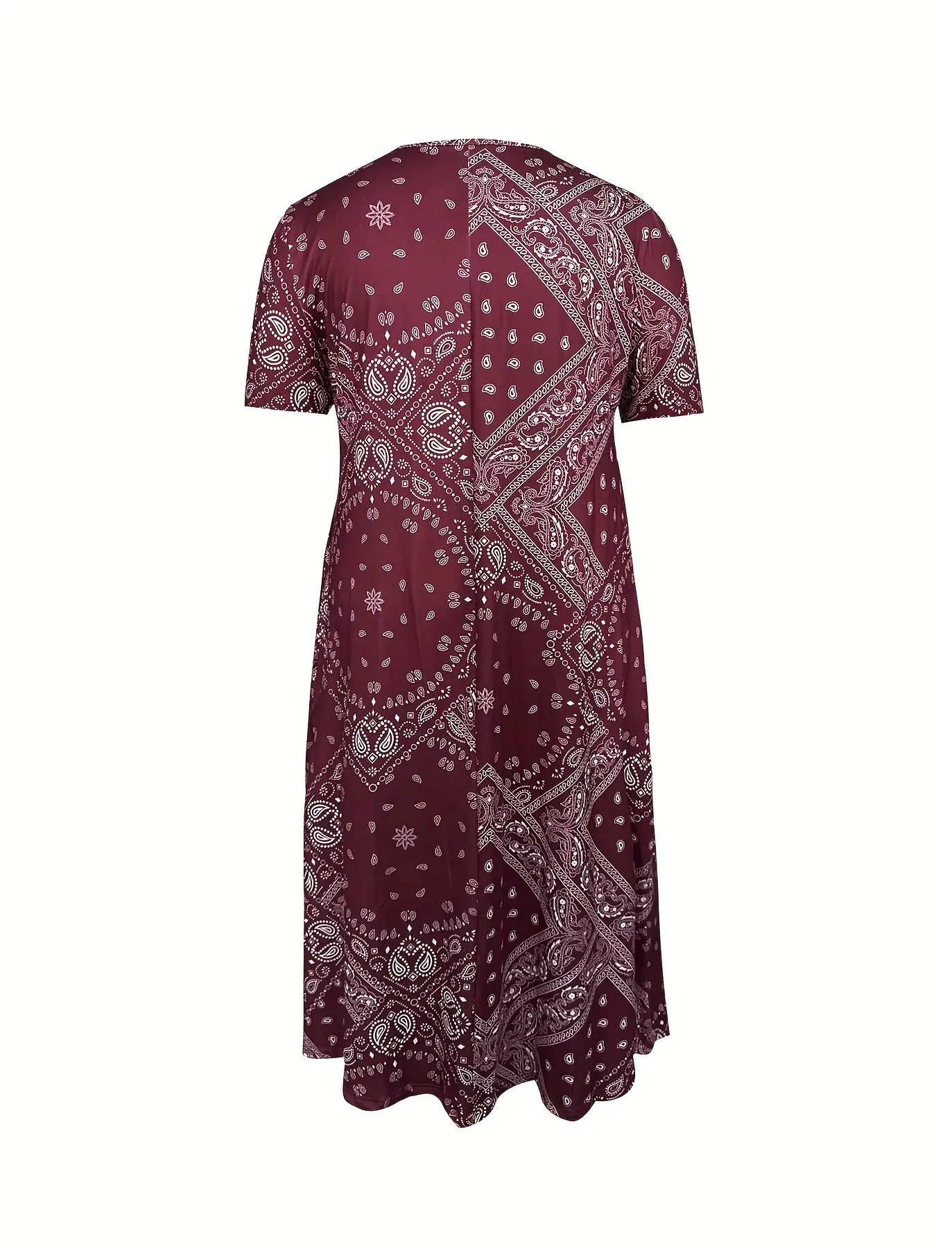 Maroon Printed Long Dress Mid Waist Short Sleeve Round Neck — feature 15