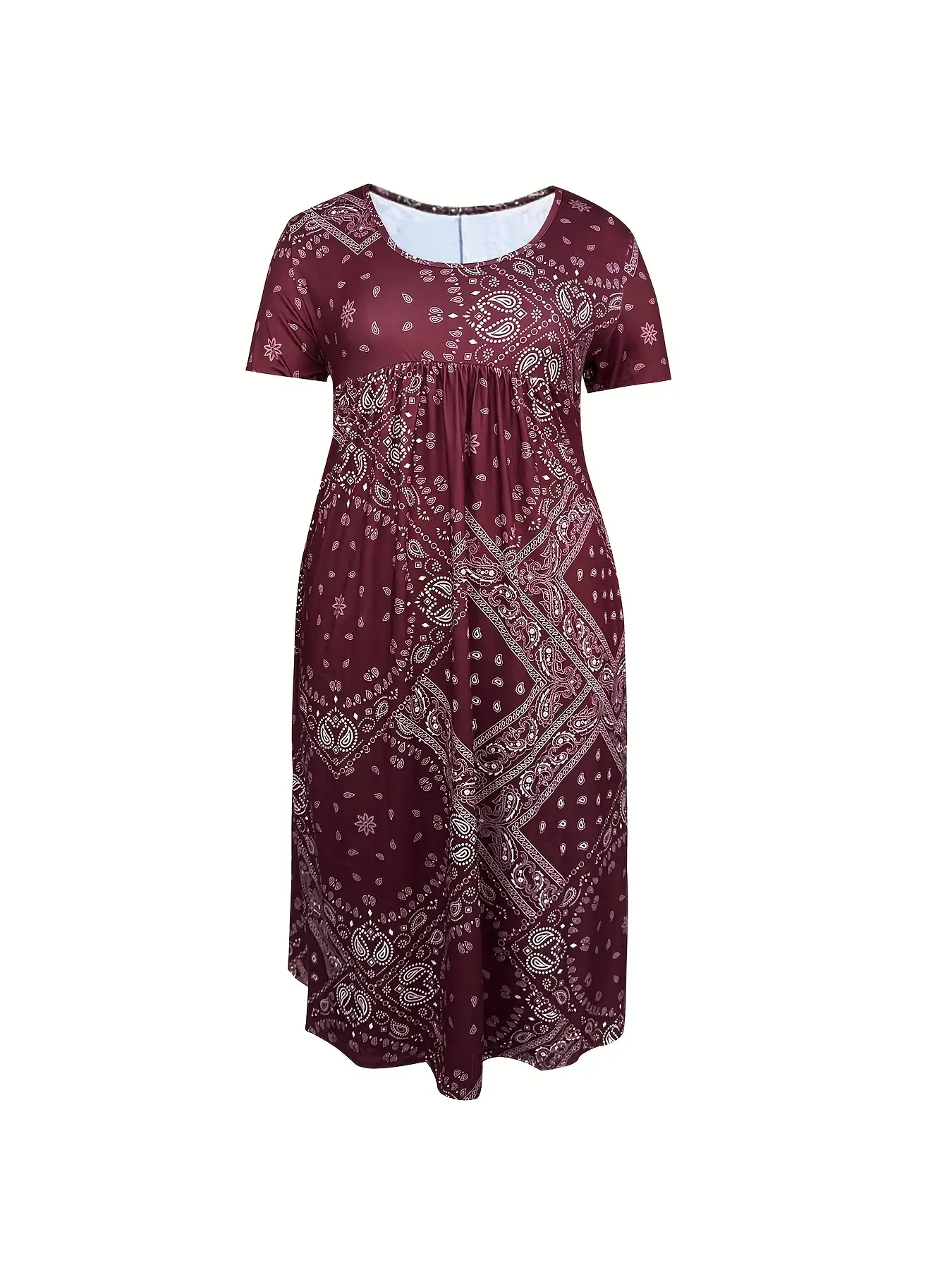 Maroon Printed Long Dress Mid Waist Short Sleeve Round Neck — feature 16