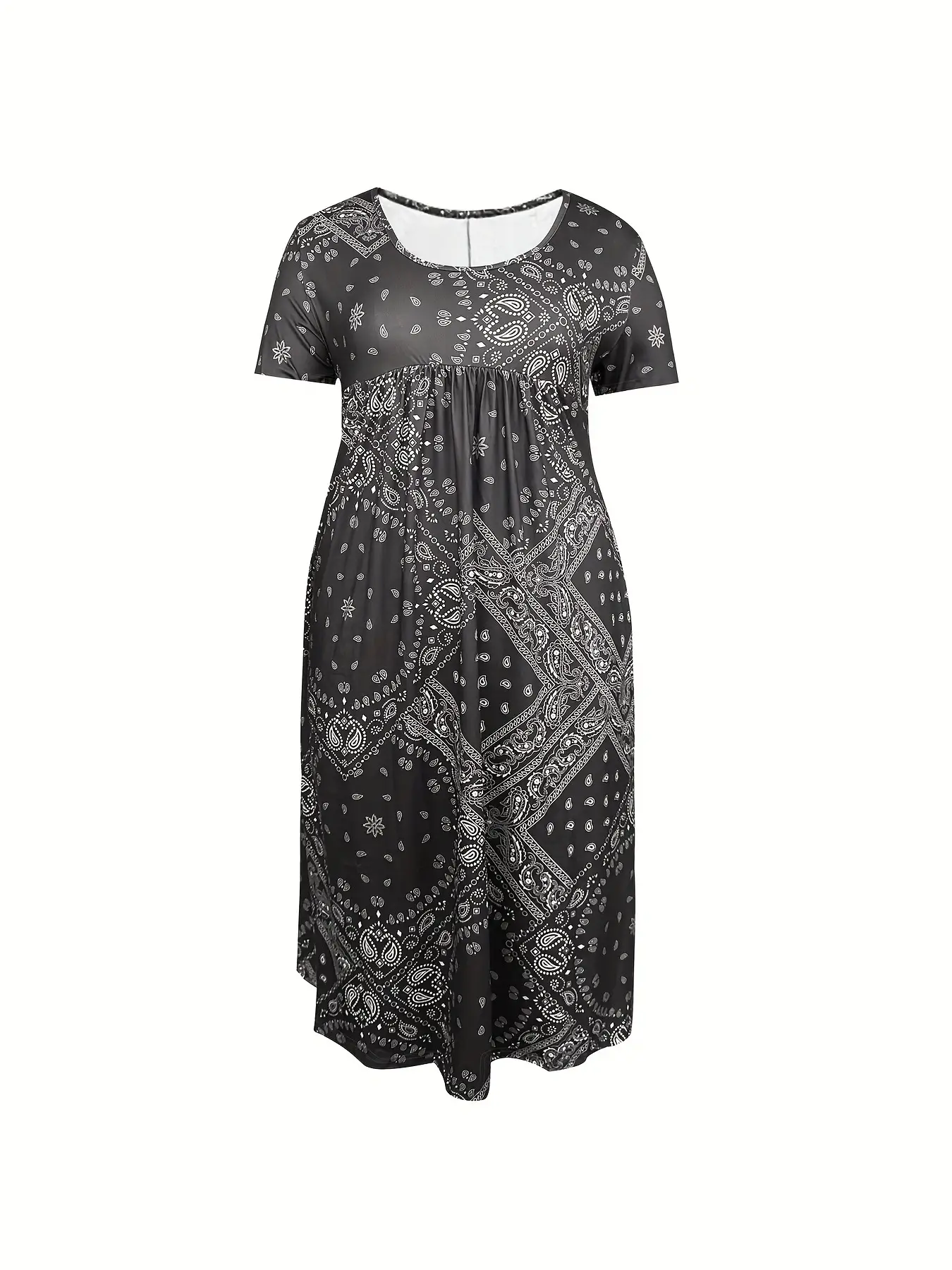 Maroon Printed Long Dress Mid Waist Short Sleeve Round Neck — feature 19