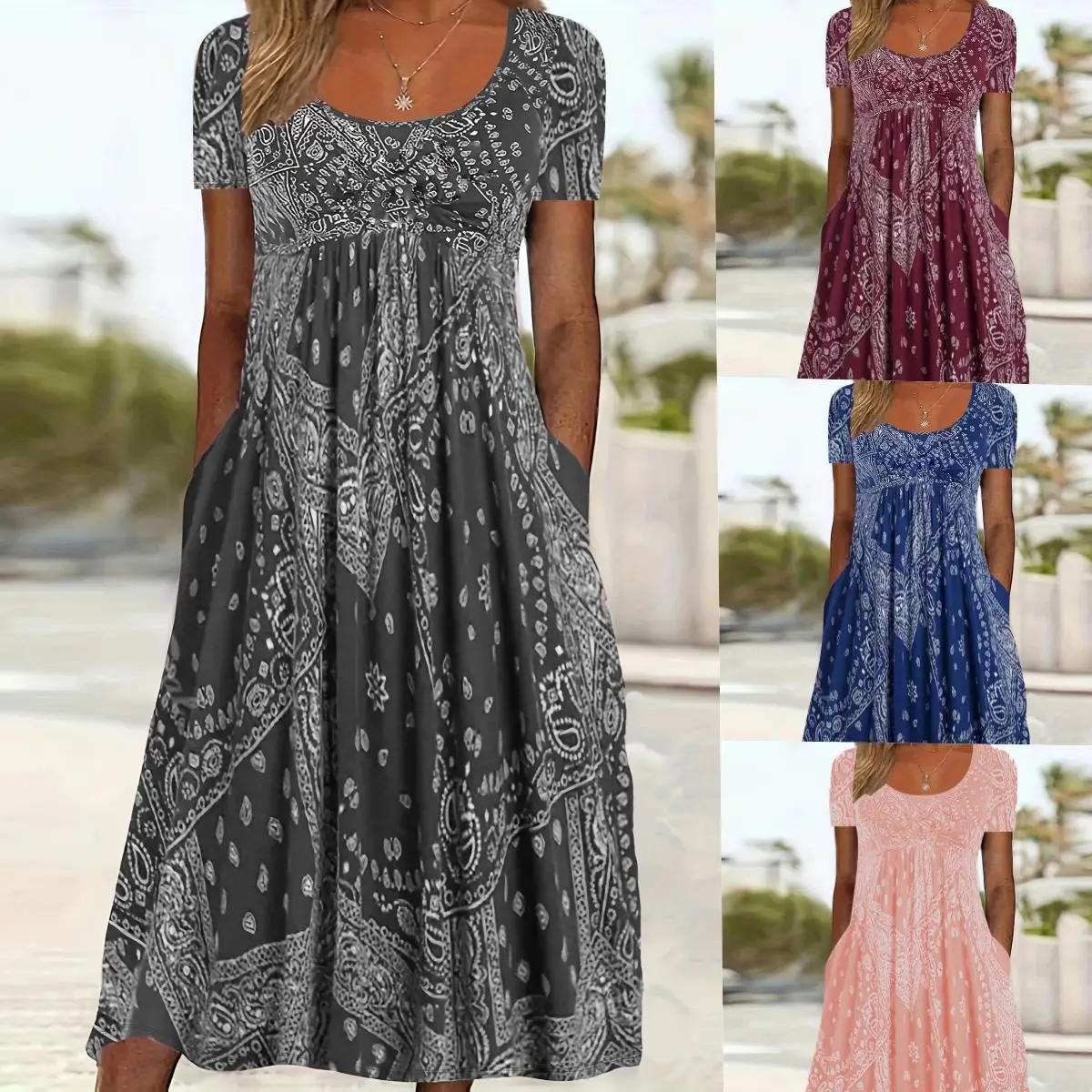 Maroon Printed Long Dress Mid Waist Short Sleeve Round Neck — feature 7