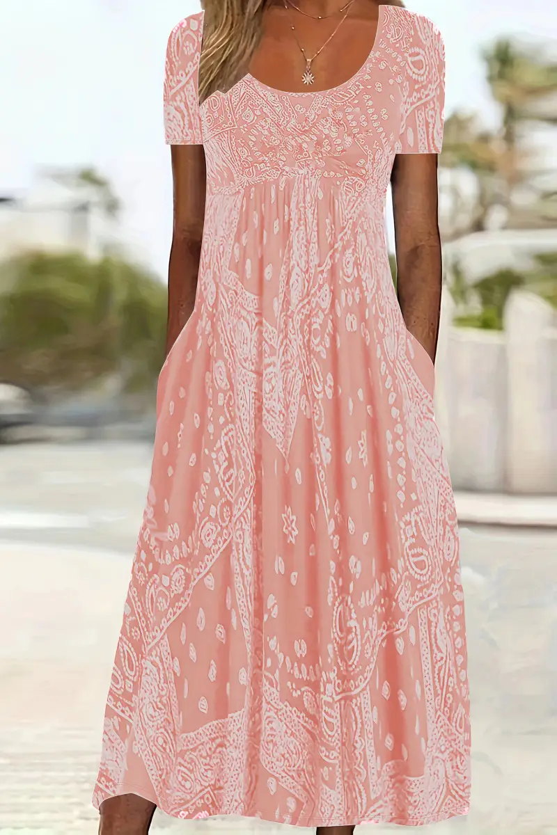 Maroon Printed Long Dress Mid Waist Short Sleeve Round Neck — feature 8