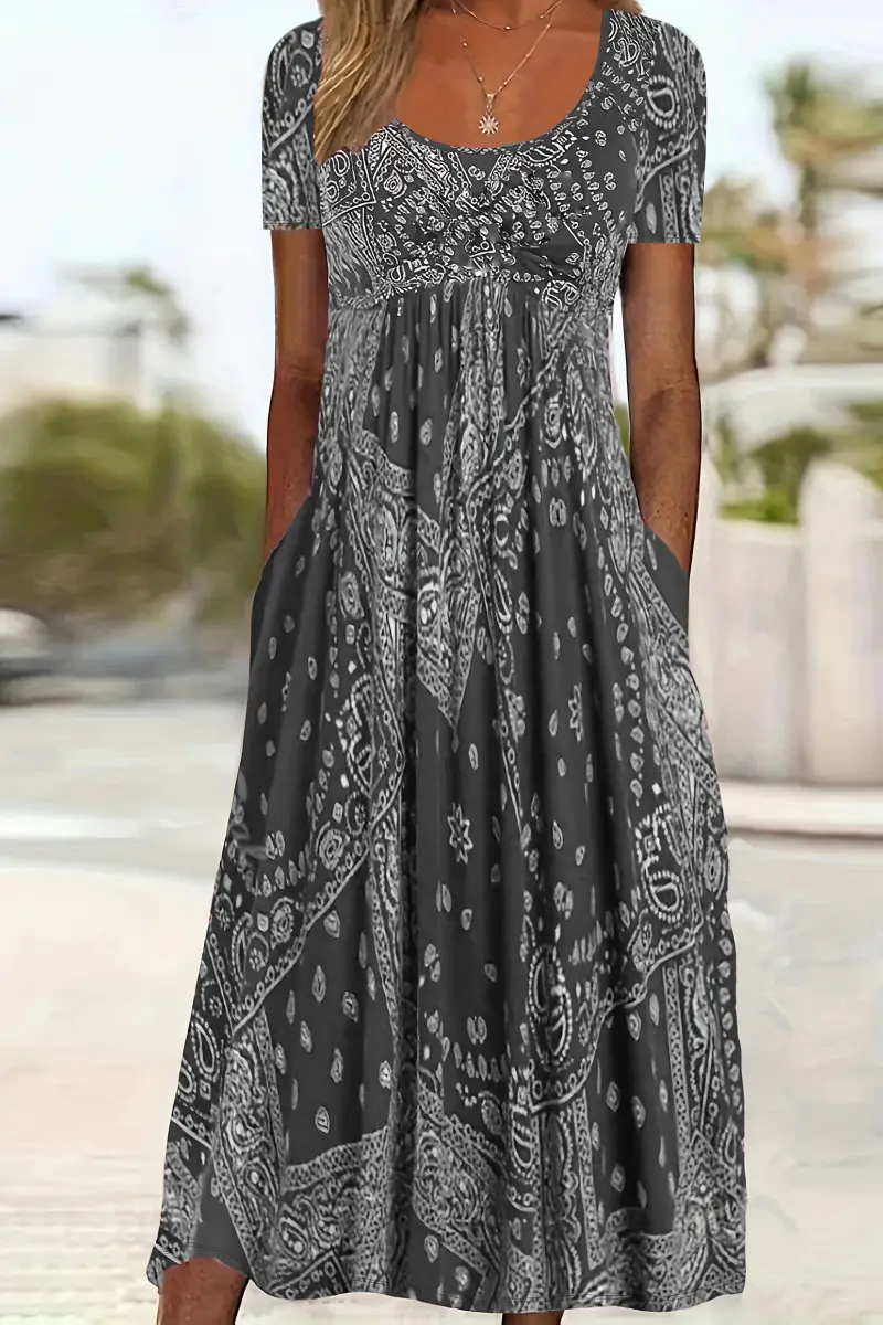 Maroon Printed Long Dress Mid Waist Short Sleeve Round Neck