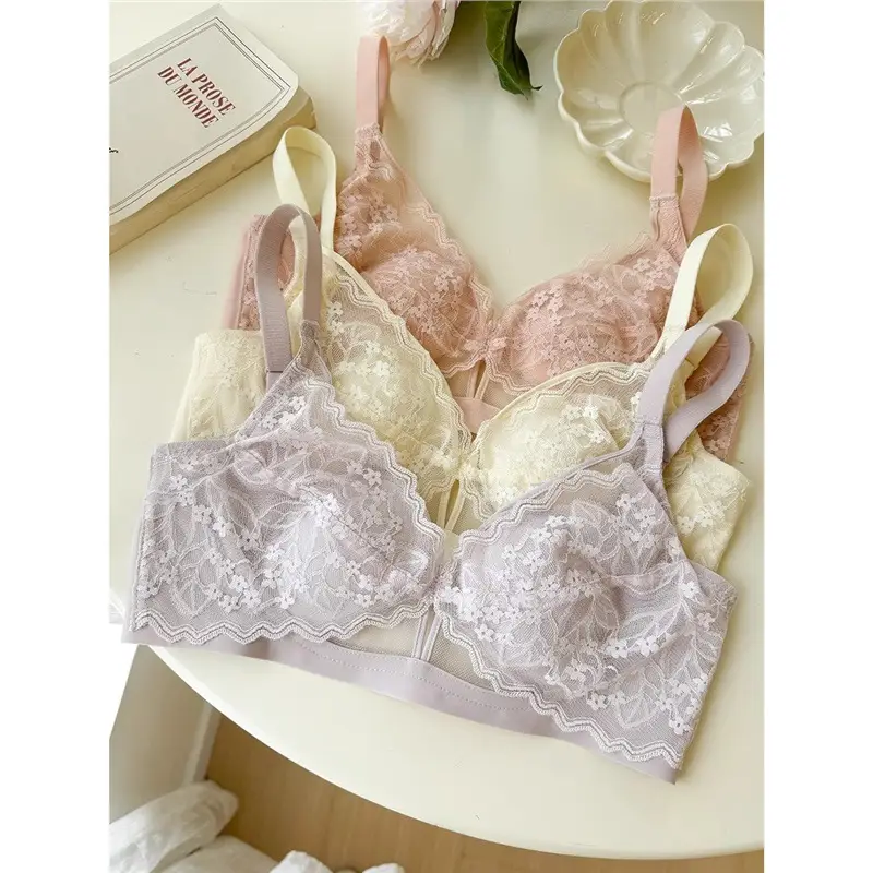 French Style Lace Large Chest Small Underwear Women's Summer Thin Slimming Non-rimmed Rabbit Ear Cup Bra