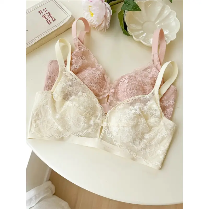 French Style Lace Large Chest Small Underwear Women's Summer Thin Slimming Non-rimmed Rabbit Ear Cup Bra