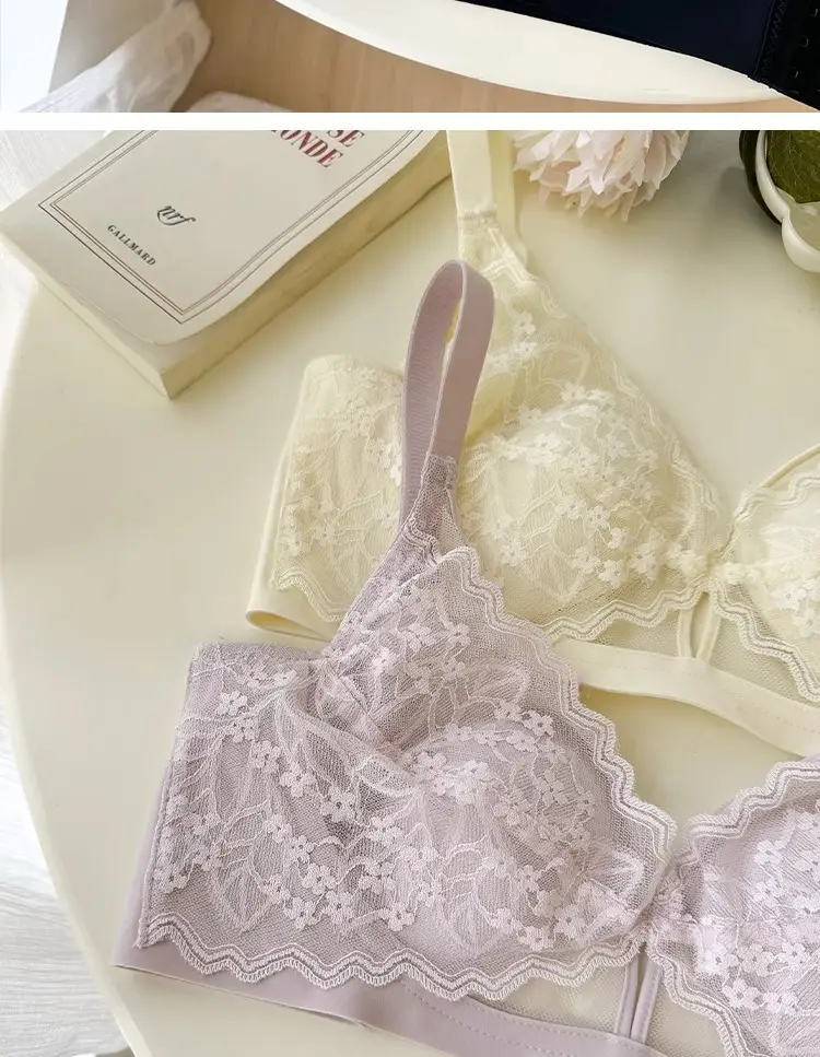 French Style Lace Large Chest Small Underwear Women's Summer Thin Slimming Non-rimmed Rabbit Ear Cup Bra — feature 20