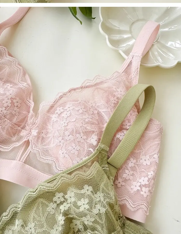 French Style Lace Large Chest Small Underwear Women's Summer Thin Slimming Non-rimmed Rabbit Ear Cup Bra — feature 28