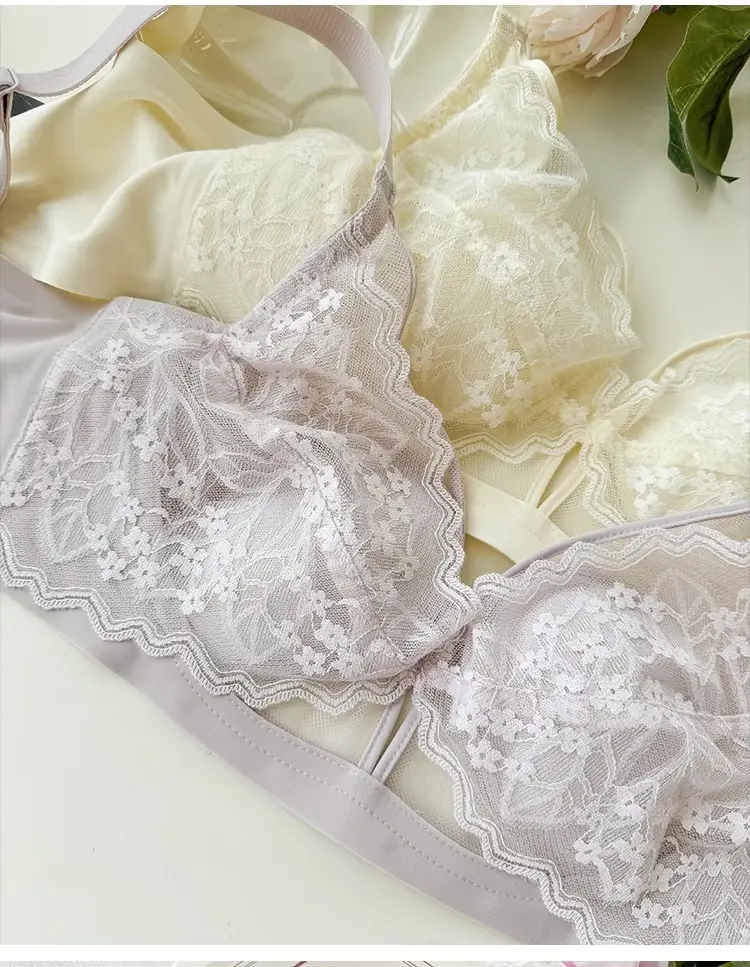 French Style Lace Large Chest Small Underwear Women's Summer Thin Slimming Non-rimmed Rabbit Ear Cup Bra — feature 30