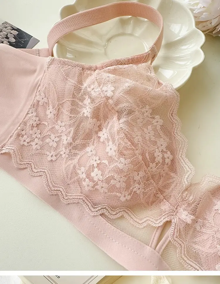 French Style Lace Large Chest Small Underwear Women's Summer Thin Slimming Non-rimmed Rabbit Ear Cup Bra — feature 32