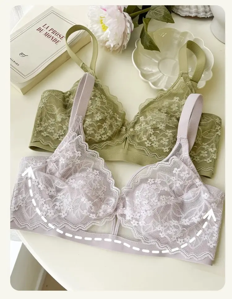 French Style Lace Large Chest Small Underwear Women's Summer Thin Slimming Non-rimmed Rabbit Ear Cup Bra — feature 8