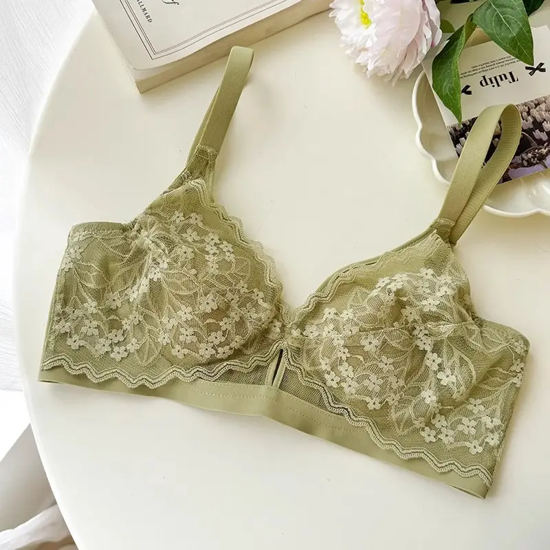 French Style Lace Large Chest Small Underwear Women's Summer Thin Slimming Non-rimmed Rabbit Ear Cup Bra
