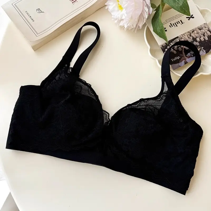 French Style Lace Large Chest Small Underwear Women's Summer Thin Slimming Non-rimmed Rabbit Ear Cup Bra