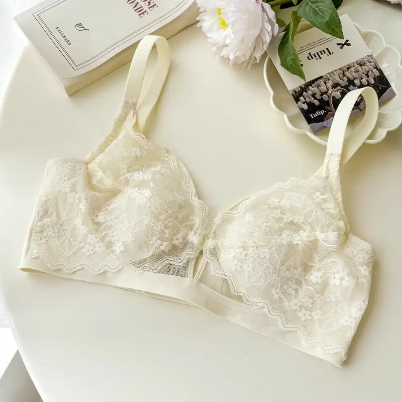 French Style Lace Large Chest Small Underwear Women's Summer Thin Slimming Non-rimmed Rabbit Ear Cup Bra