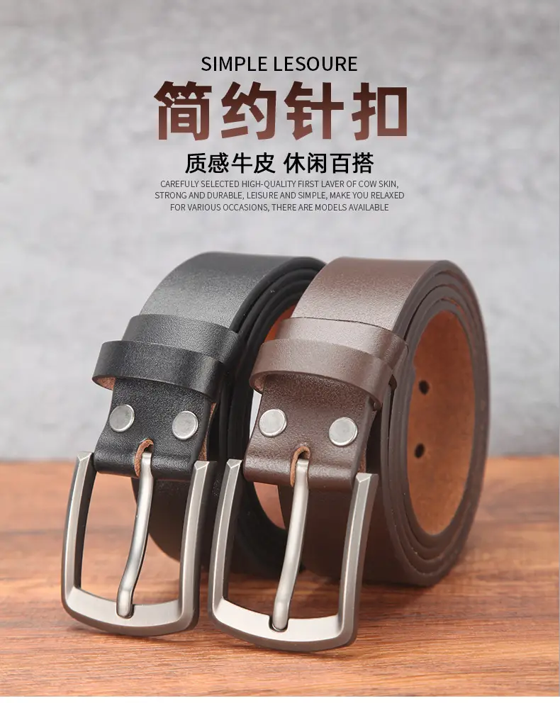 Men's Genuine Leather Belt with Pin Buckle Brown — feature 2