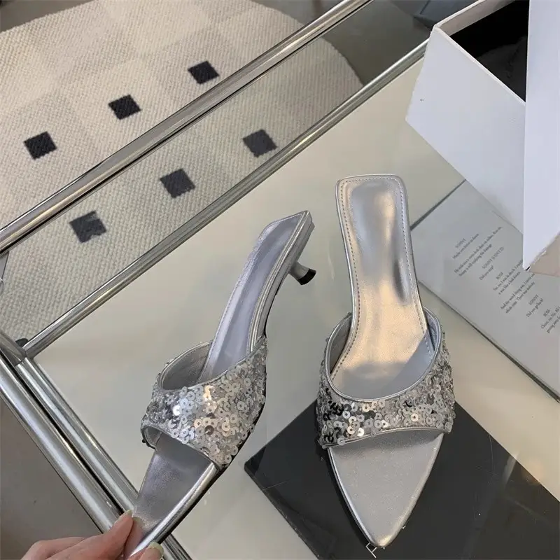 Sequin High Heels Silver Sandals Fish Mouth Slippers Women's Rhinestone Shoes Pointed Toe Fashion Black Beach New Sandals - Image 7