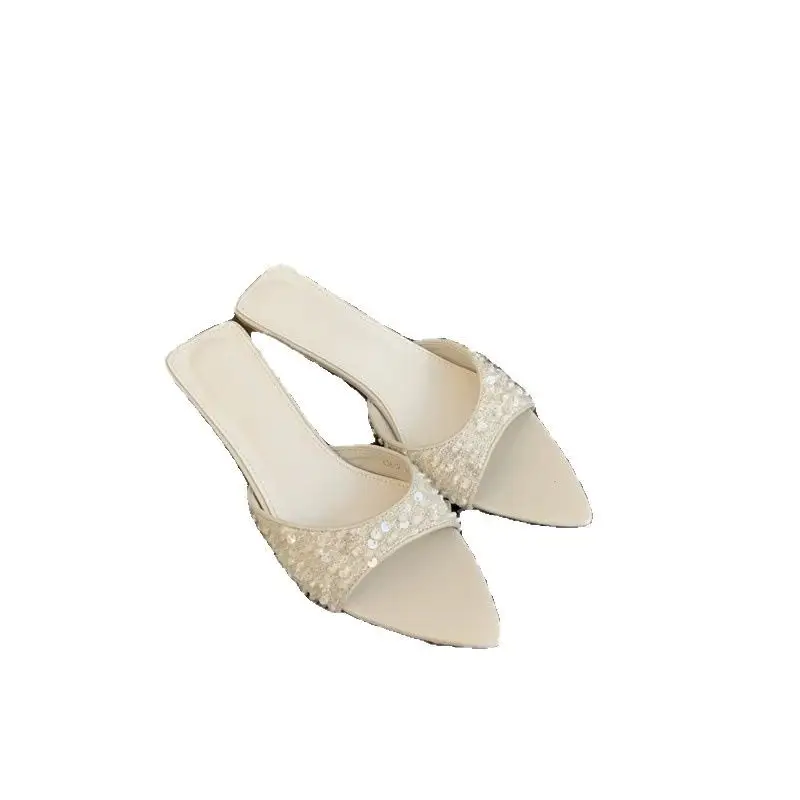 Sequin High Heels Silver Sandals Fish Mouth Slippers Women's Rhinestone Shoes Pointed Toe Fashion Black Beach New Sandals - Image 8