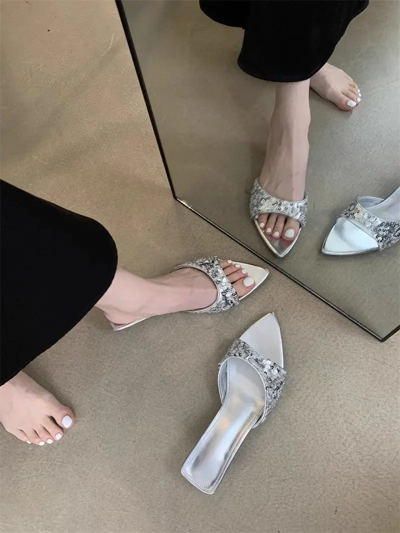 Sequin High Heels Silver Sandals Fish Mouth Slippers Women's Rhinestone Shoes Pointed Toe Fashion Black Beach New Sandals — feature 10
