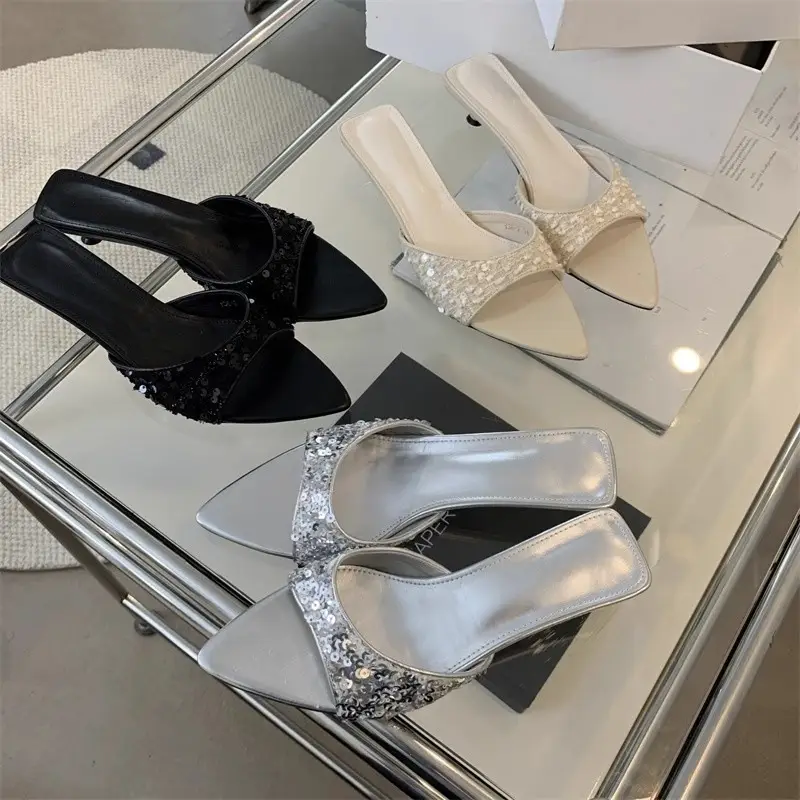 Sequin High Heels Silver Sandals Fish Mouth Slippers Women's Rhinestone Shoes Pointed Toe Fashion Black Beach New Sandals — feature 11