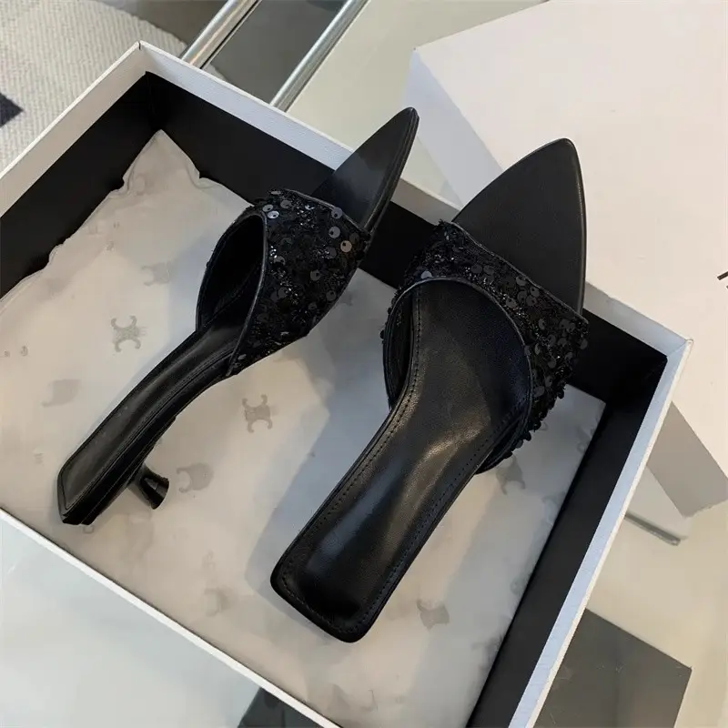Sequin High Heels Silver Sandals Fish Mouth Slippers Women's Rhinestone Shoes Pointed Toe Fashion Black Beach New Sandals — feature 13