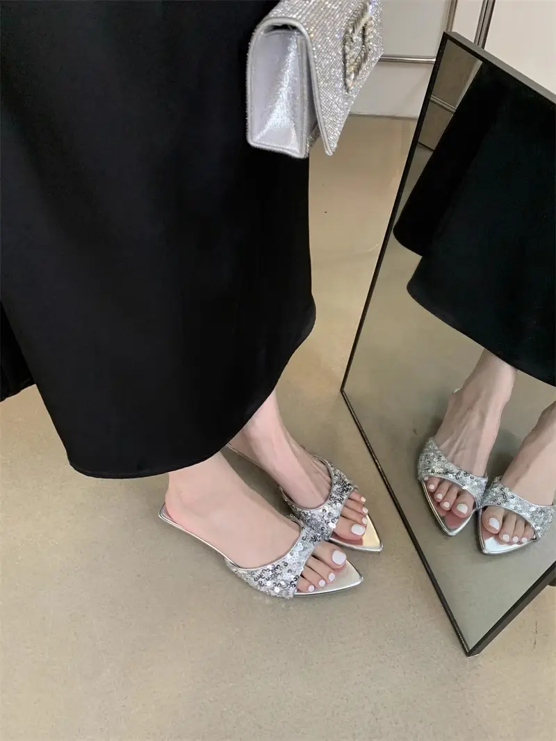 Sequin High Heels Silver Sandals Fish Mouth Slippers Women's Rhinestone Shoes Pointed Toe Fashion Black Beach New Sandals — feature 2