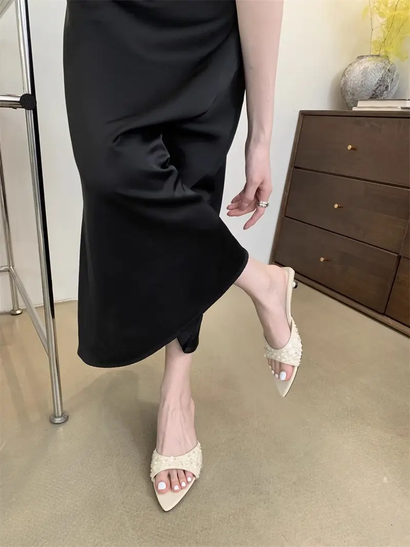 Sequin High Heels Silver Sandals Fish Mouth Slippers Women's Rhinestone Shoes Pointed Toe Fashion Black Beach New Sandals — feature 4