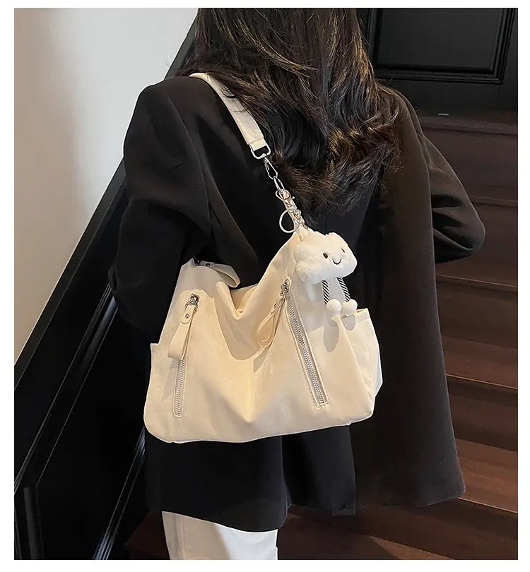 Women's White Retro Shoulder Bag with Cute Charm — feature 3