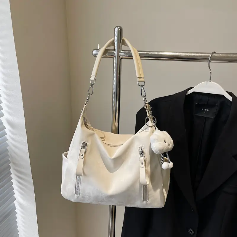 Women's White Retro Shoulder Bag with Cute Charm - Image 4