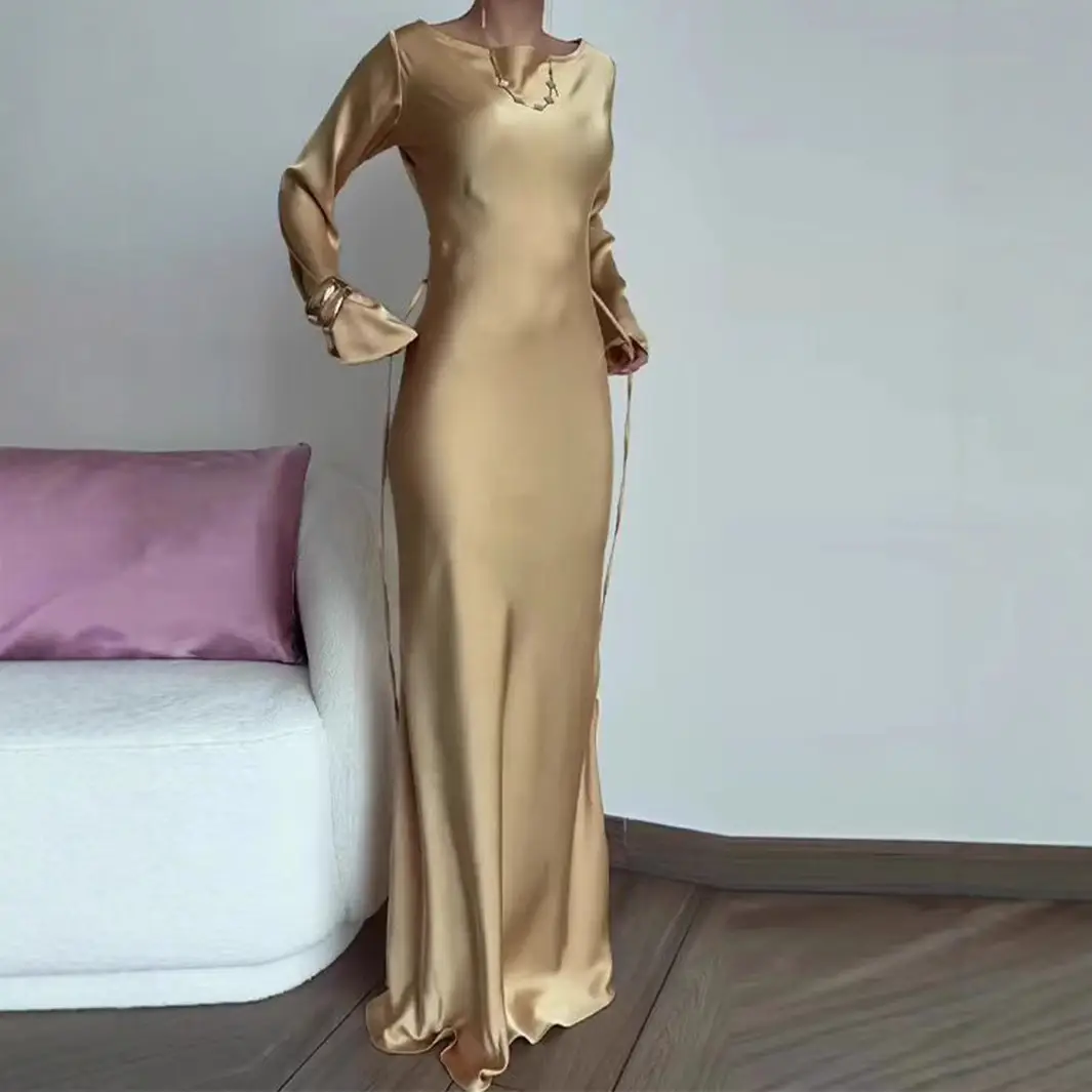 Golden Lace-up Crewneck Dress for Women - Image 2
