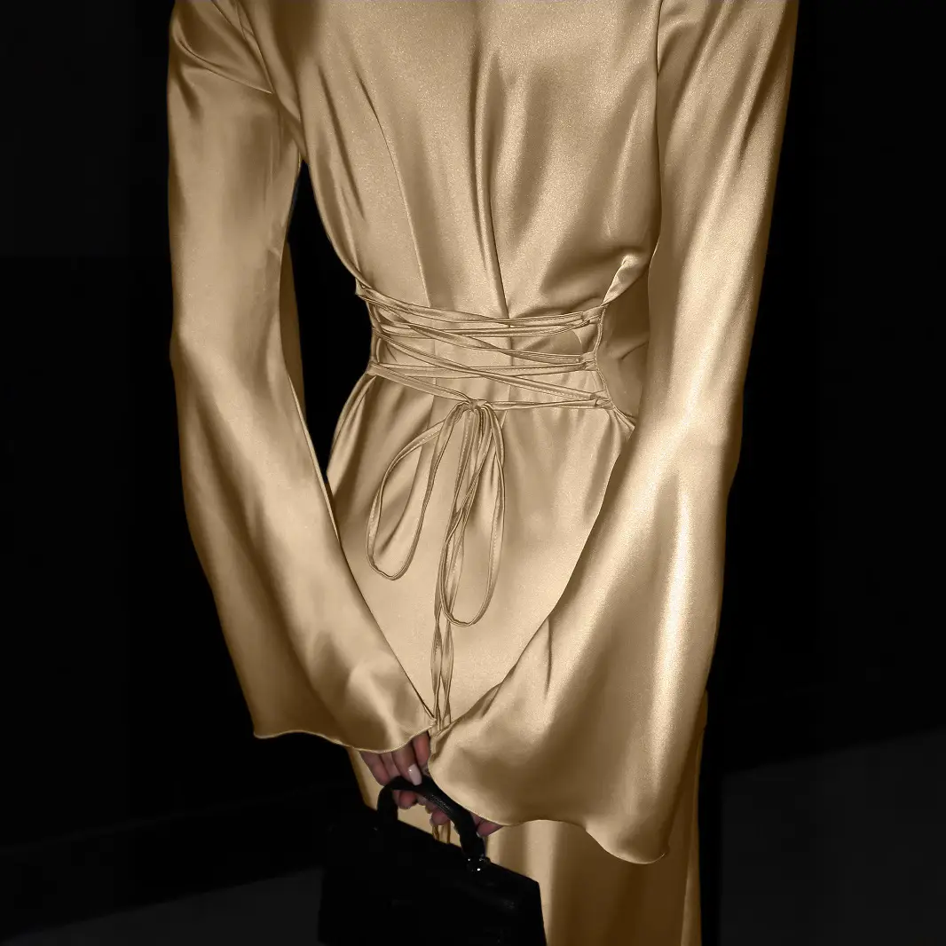 Golden Lace-up Crewneck Dress for Women - Image 3