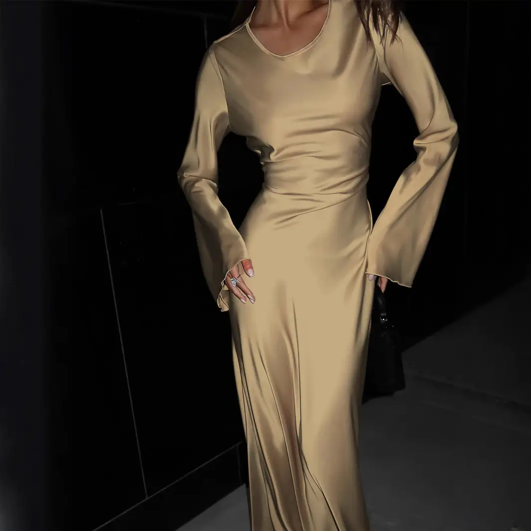 Golden Lace-up Crewneck Dress for Women - Image 4