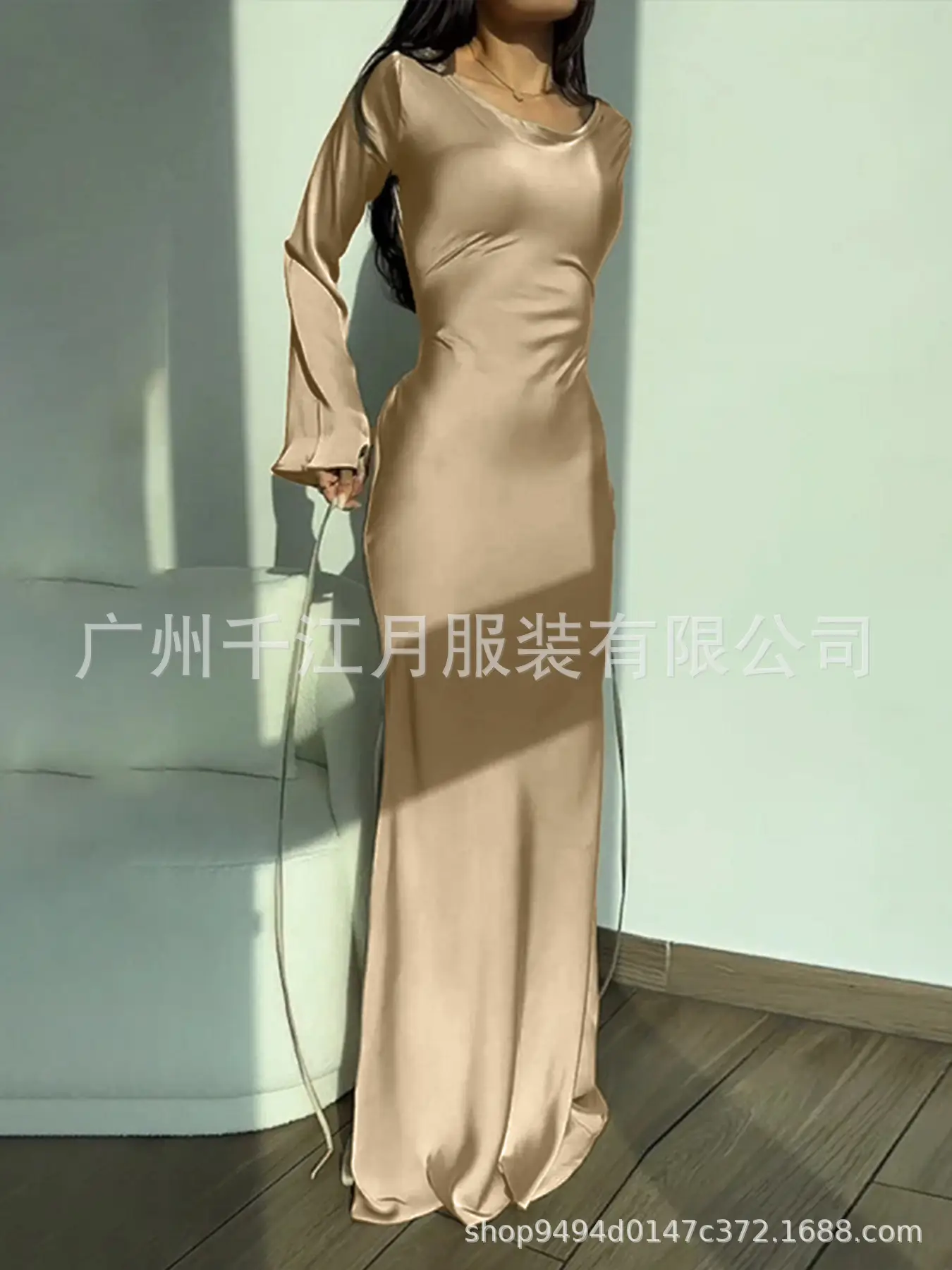 Golden Lace-up Crewneck Dress for Women — feature 2