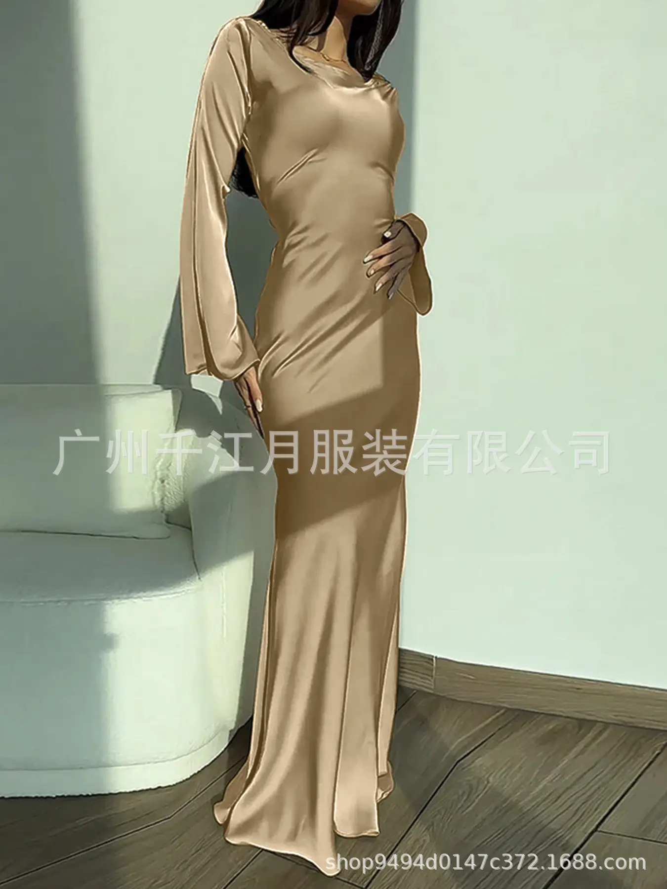 Golden Lace-up Crewneck Dress for Women — feature 3