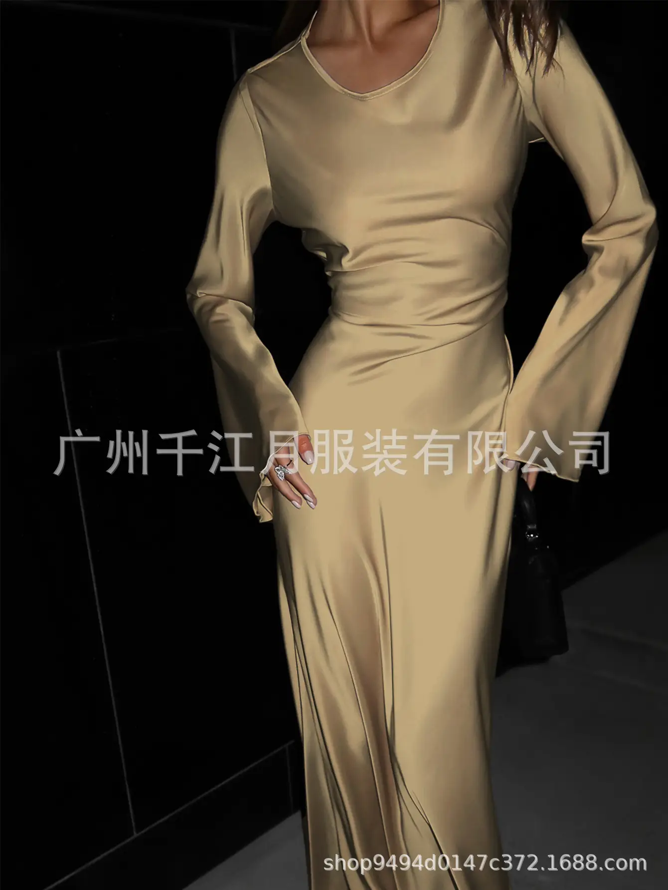 Golden Lace-up Crewneck Dress for Women — feature 4