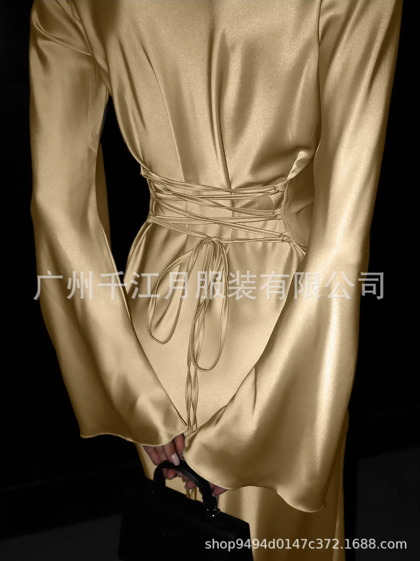 Golden Lace-up Crewneck Dress for Women — feature 6
