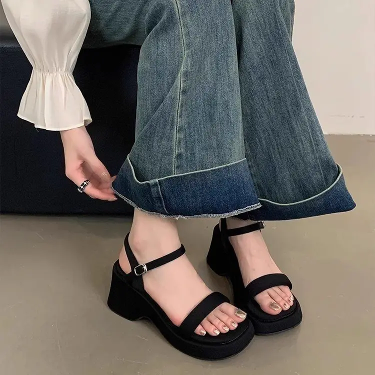 Women Black Wedge Sandals Fairy Style 2025
