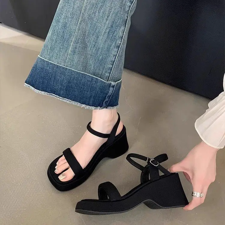 Women Black Wedge Sandals Fairy Style 2025