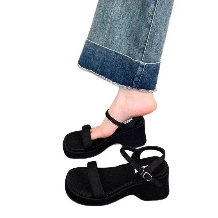 Women Black Wedge Sandals Fairy Style 2025