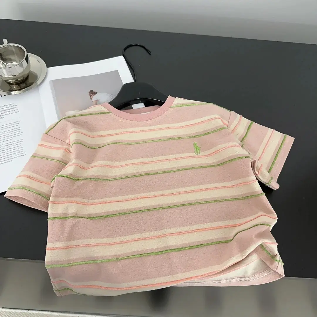 Children Striped Cotton T-Shirt Pink Green