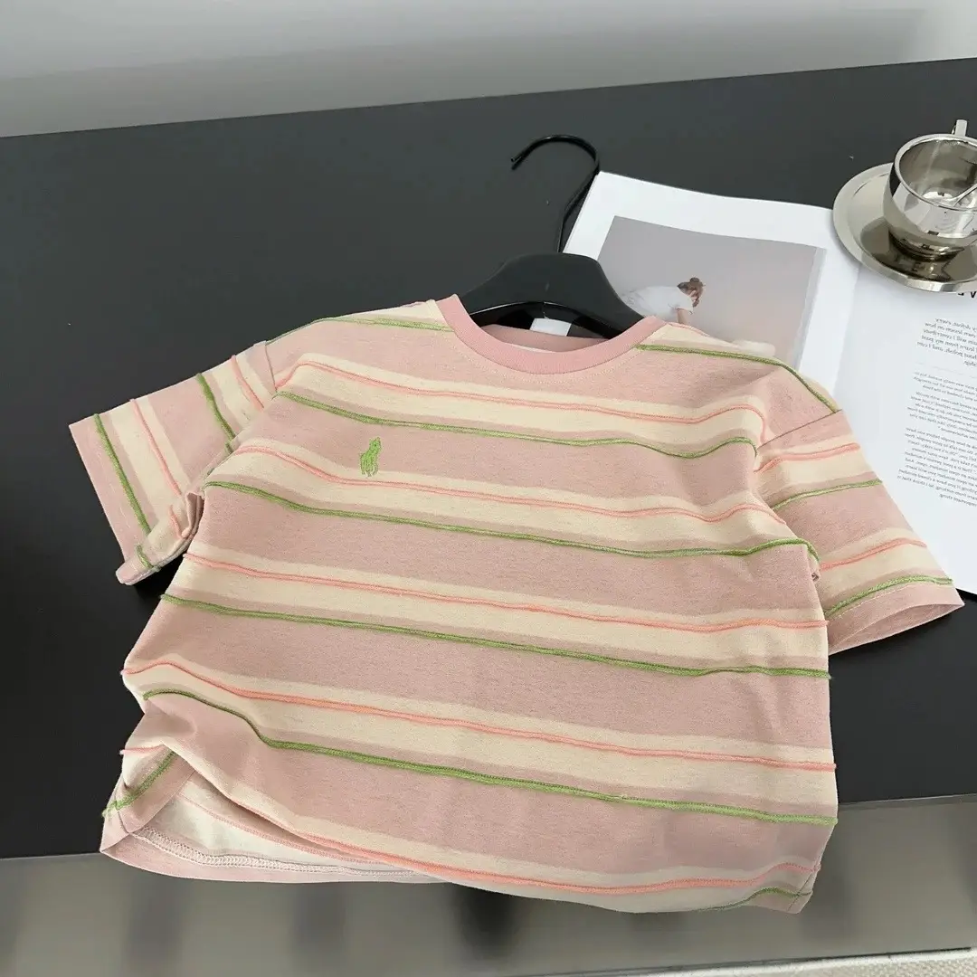 Children Striped Cotton T-Shirt Pink Green
