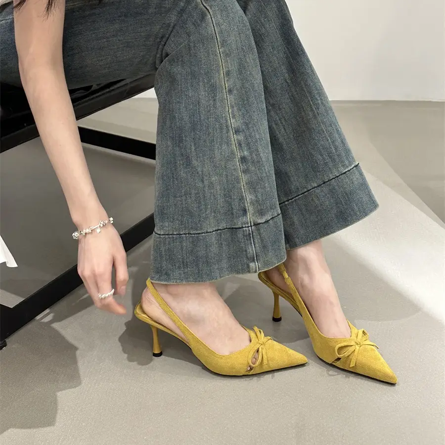 Niche High Heels Women's Shoes 2025 Spring Leopard Bow Pointed Shallow Stiletto Heel Mid Heel Baotou Sandals - Image 5
