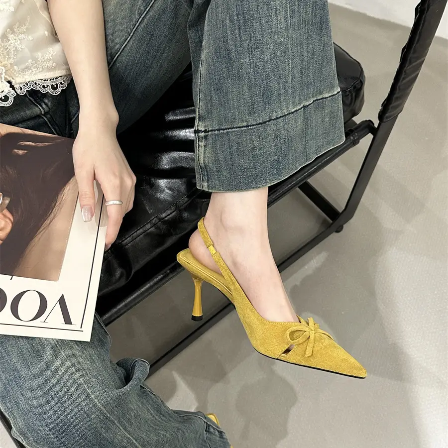 Niche High Heels Women's Shoes 2025 Spring Leopard Bow Pointed Shallow Stiletto Heel Mid Heel Baotou Sandals - Image 8