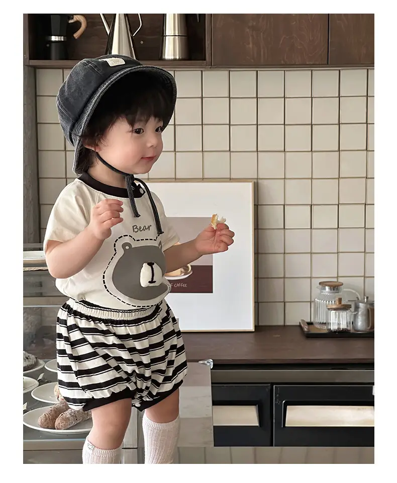 Korean-style Boys Summer T-Shirt Shorts Set Brown White — feature 12