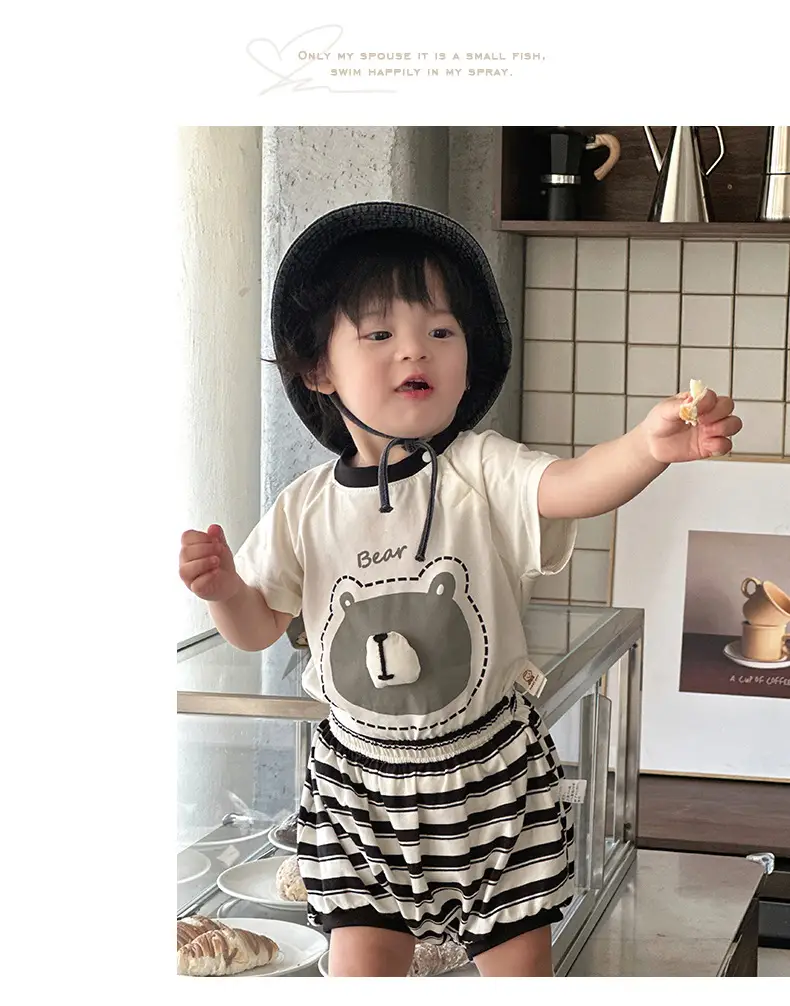 Korean-style Boys Summer T-Shirt Shorts Set Brown White — feature 13