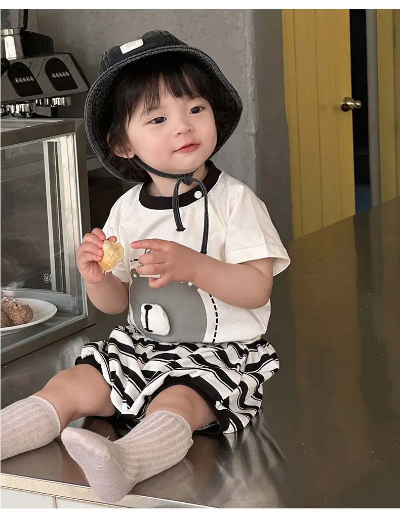 Korean-style Boys Summer T-Shirt Shorts Set Brown White — feature 14