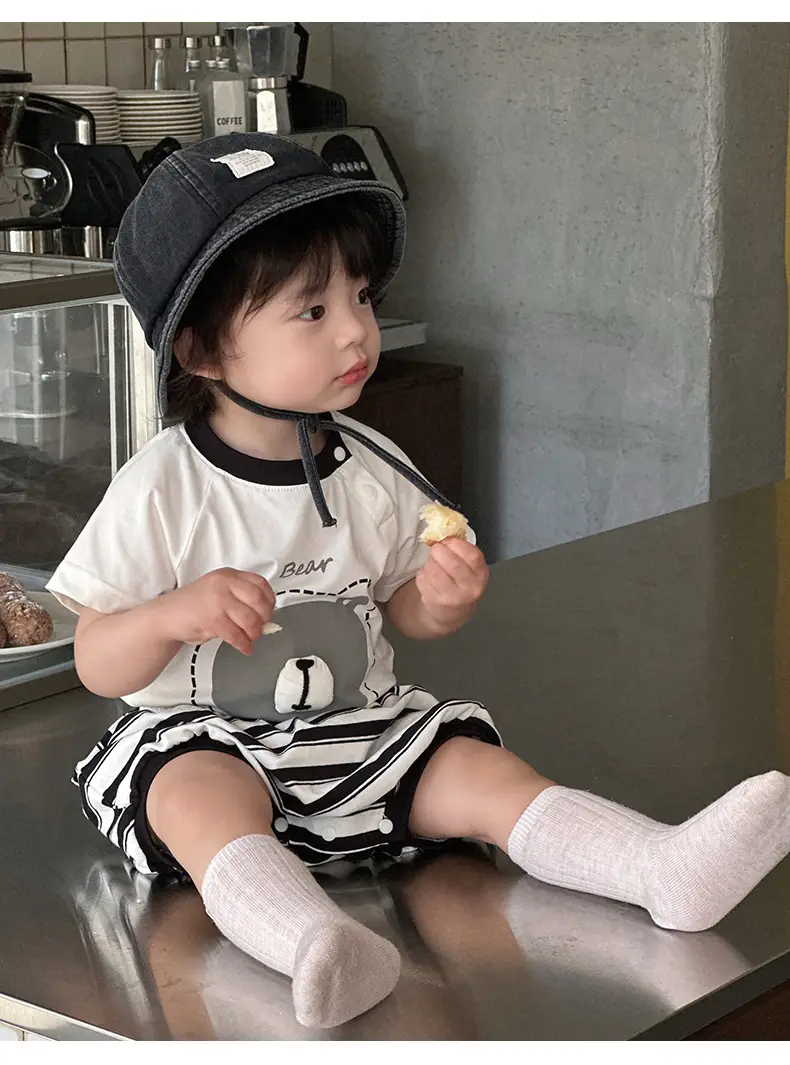 Korean-style Boys Summer T-Shirt Shorts Set Brown White — feature 16
