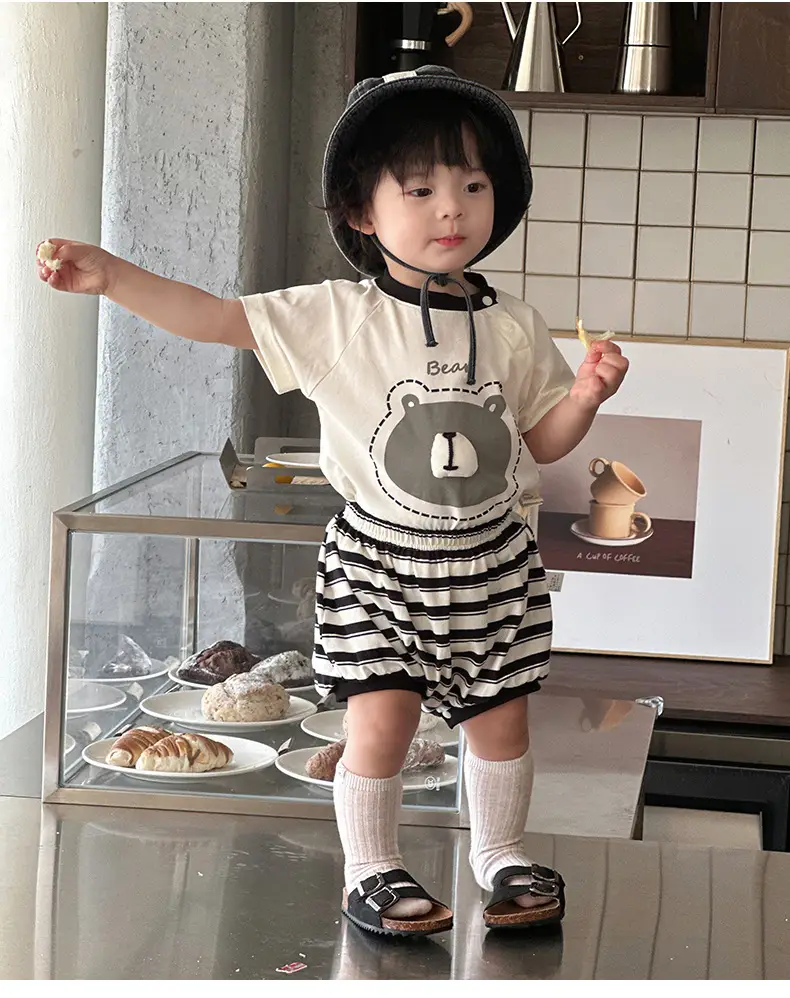 Korean-style Boys Summer T-Shirt Shorts Set Brown White — feature 8