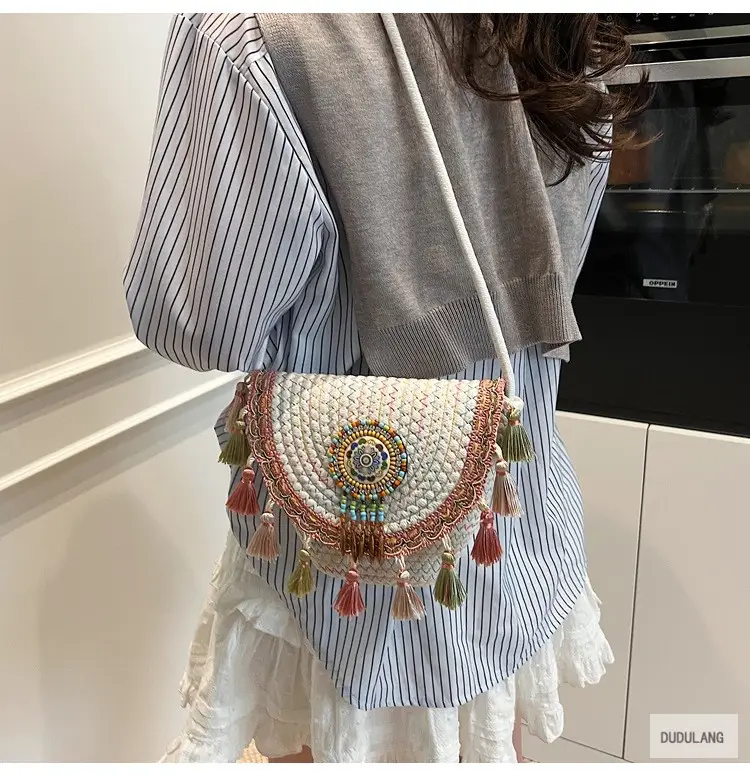 Cross-Border Straw Woven Shoulder Bag with Tassels — feature 14