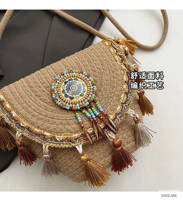 Cross-Border Straw Woven Shoulder Bag with Tassels — feature 2