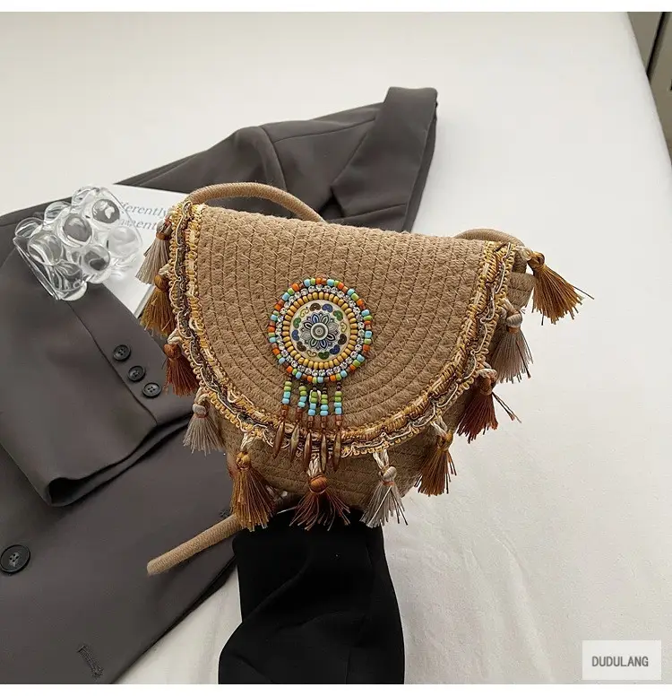 Cross-Border Straw Woven Shoulder Bag with Tassels — feature 33