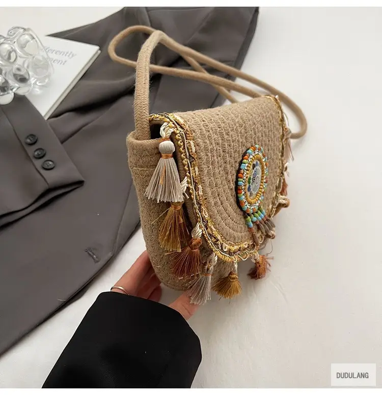 Cross-Border Straw Woven Shoulder Bag with Tassels — feature 38