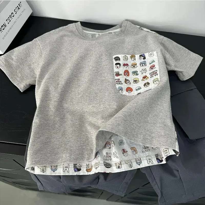 Kids Cartoon Printed Cotton T-Shirt Grey 2025 Summer - Image 2